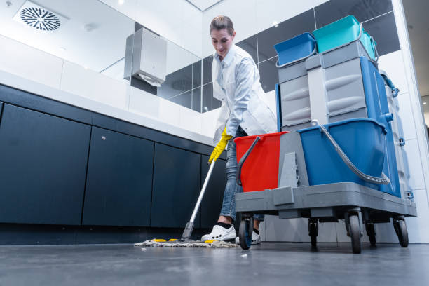 Cleaning lady mopping the floor in restroom cleaning the toilet